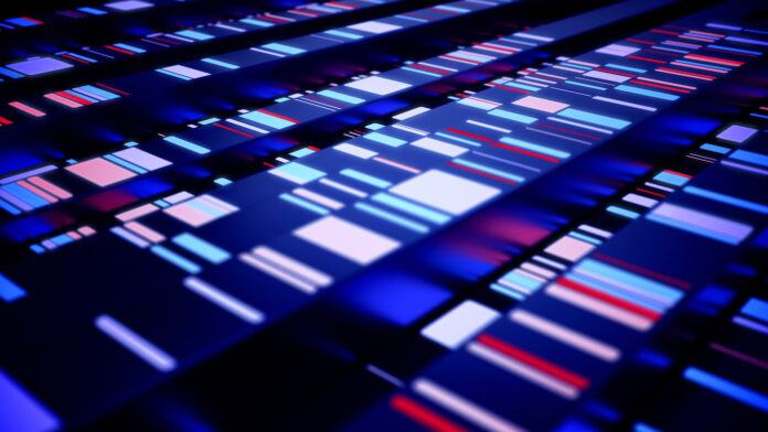 A high-tech background with bright lights in a row.  Next generation sequencing theory