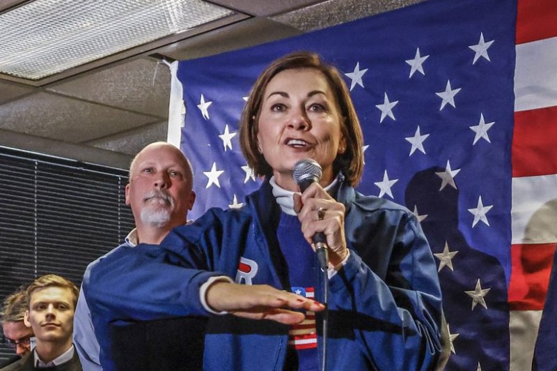 Iowa Governor Kim Reynolds introduces Florida Governor Ron DeSantis at Never Back Down Iowa headquarters in West Des Moines, Iowa, on Jan.  13. Reynolds has supported the passage of the six-week abortion ban in Iowa for the past six years.  It went into effect on Monday.  File Photo by Tannen Maury/UPI